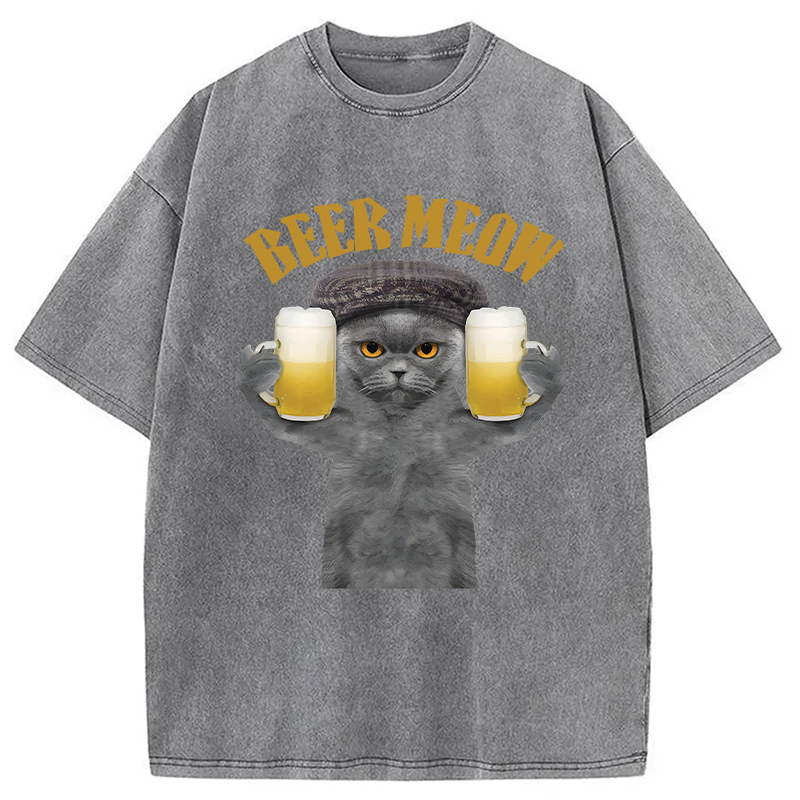 Modecanvas Funny Cat Drinking Or Serving Beer DTG Printing Washed T-Shirt
