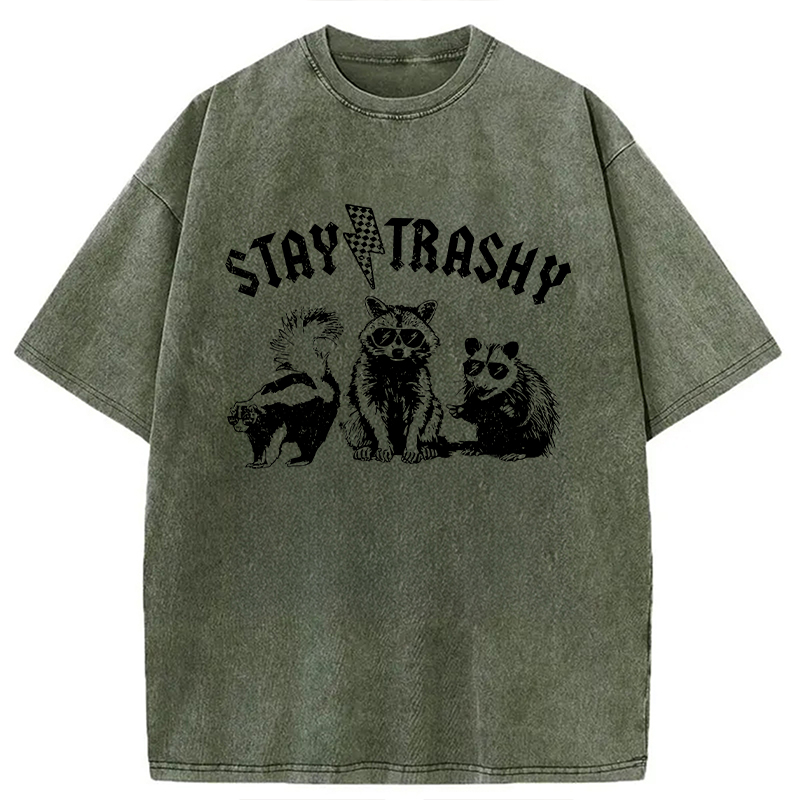 Modecanvas Stay Trashy Funny Raccoon DTG Printing Washed T-Shirt