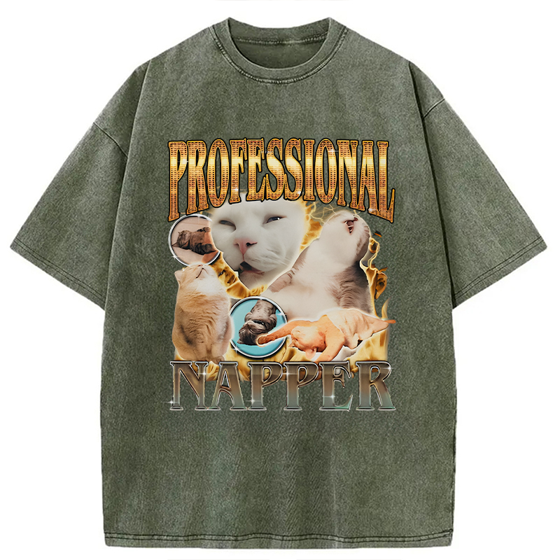 Modecanvas Professional Napper Funny Cat DTG Printing Washed T-Shirt