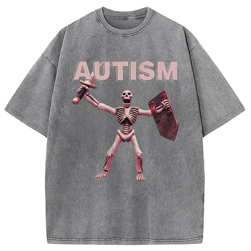Modecanvas Funny Autism Skeleton Offensive Meme DTG Printing Washed T-Shirt