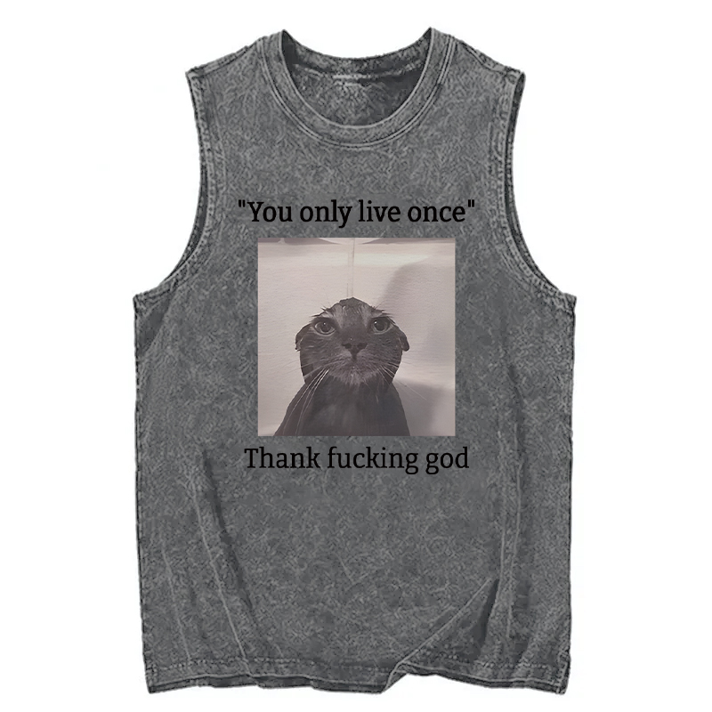 Modecanvas Funny Depressed Meme Cat DTG Printing Washed Tank-modecanvas