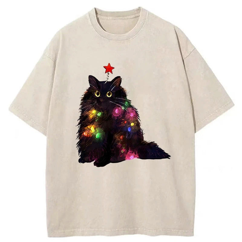 Modecanvas Christmas Lights Cat Washed T-Shirt