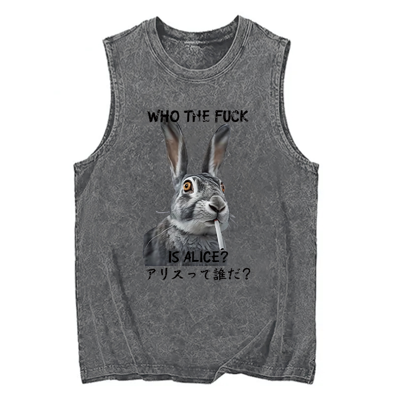 Modecanvas Who The Fvck Is Alice Funny Rabbit Smoking DTG Printing Washed Tank-modecanvas