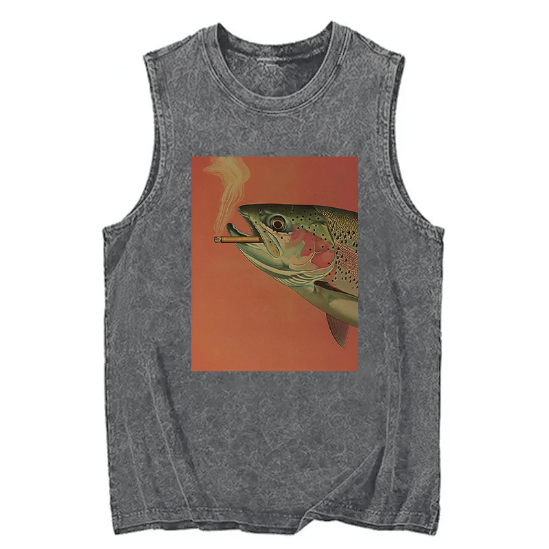 Modecanvas Trout Smoking A Cigarette DTG Printing Washed Tank-modecanvas