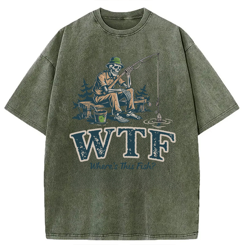 Modecanvas Funny WTF Where Is The Fish DTG Printing Washed T-Shirt