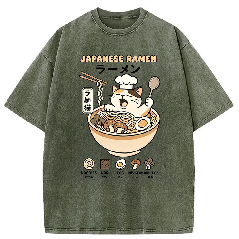 Modecanvas Ramen Cat DTG Printing Washed T-Shirt