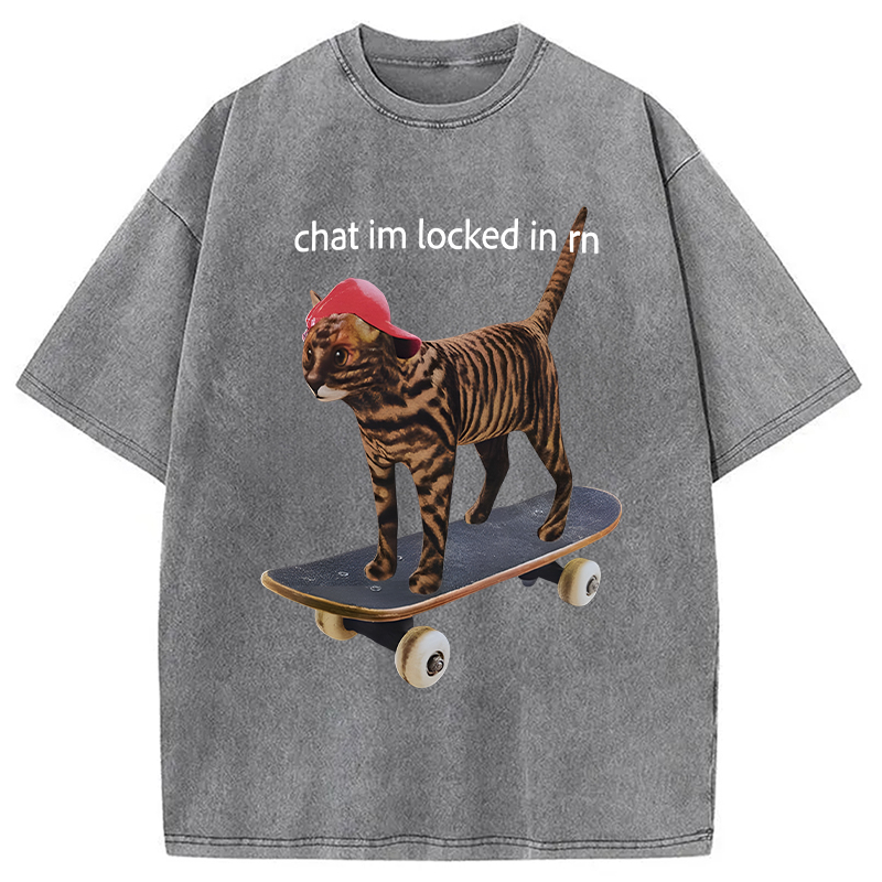 Modecanvas Locked In Skateboard Cat DTG Printing Washed T-Shirt