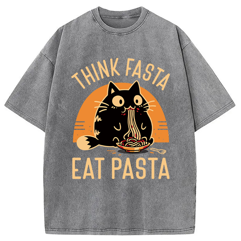 Modecanvas Think Fast Eat Pasta Funny Cat DTG Printing Washed T-Shirt