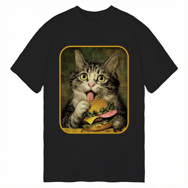 Modecanvas Trying to Eat Burger Funny Cute Cat DTG Printing Classic T-Shirt-modecanvas