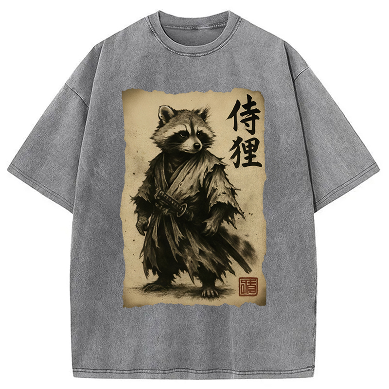Modecanvas Samurai Raccoon Washed T-Shirt-modecanvas