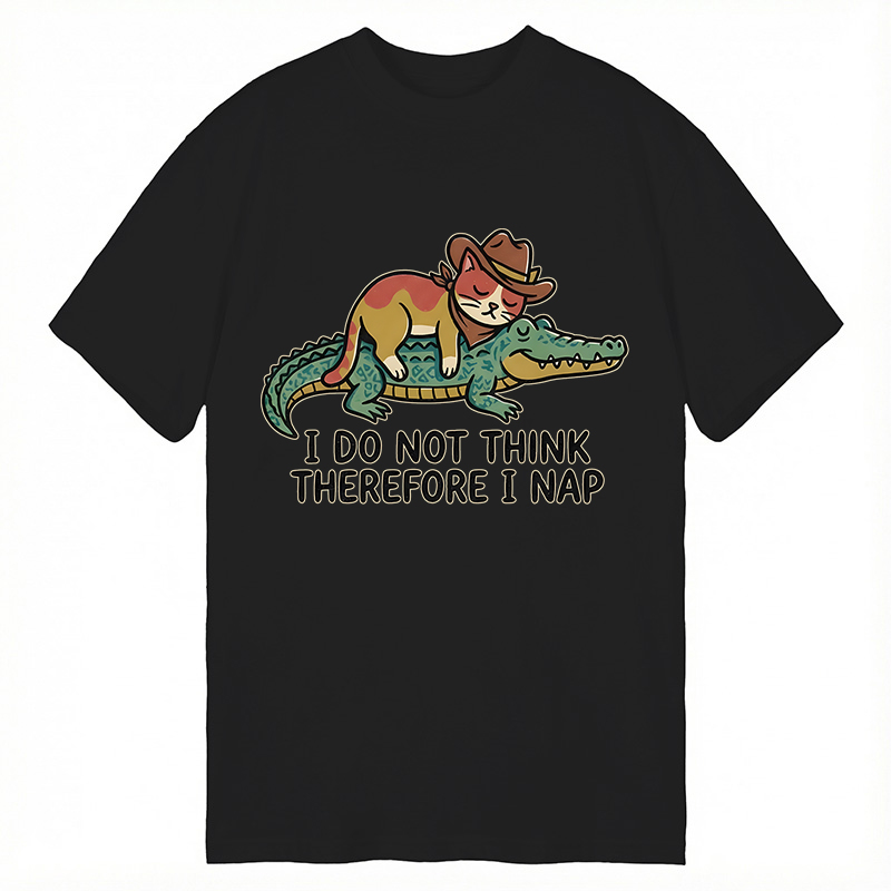 Modecanvas I Do Not Think Therefore I Nap Funny Western Cat DTG Printing Classic T-Shirt-modecanvas