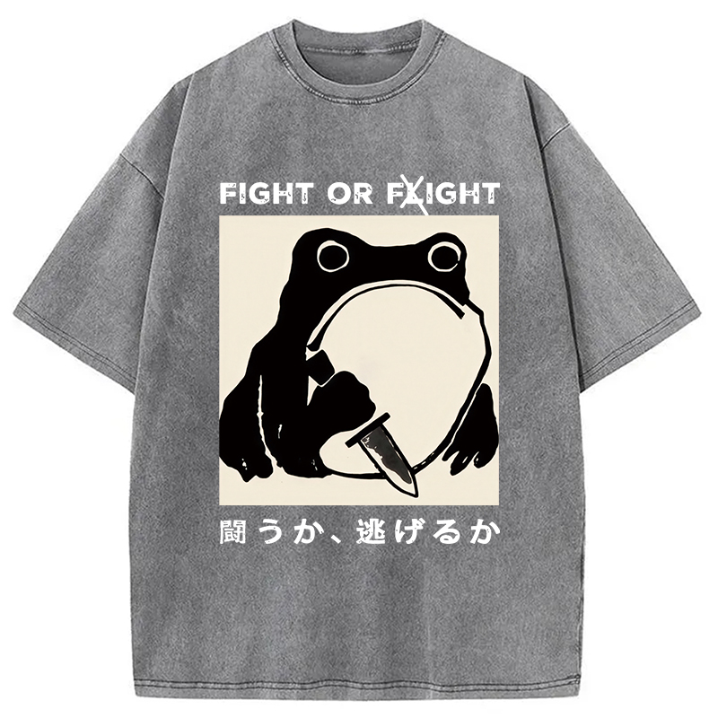 Modecanvas Fight Or Flight Funny Frog Japanese Washed T-Shirt