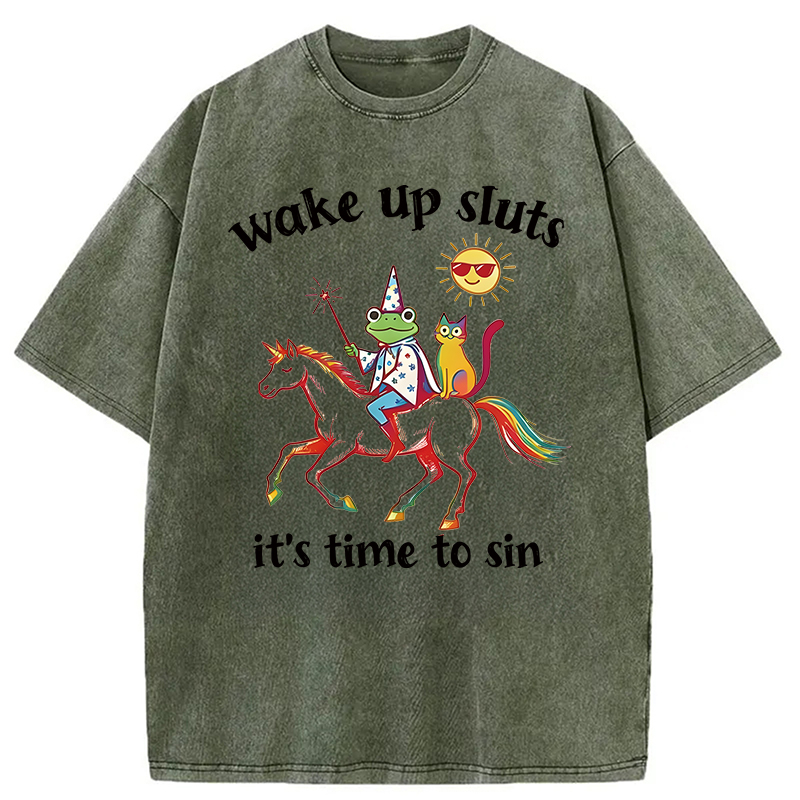 Modecanvas Wake Up Sluts Funny Frog DTG Printing Washed T-Shirt