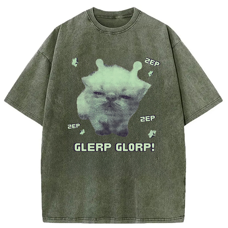 Modecanvas Sleepy Glerp Glorp Funny Cat Meme DTG Printing Washed T-Shirt