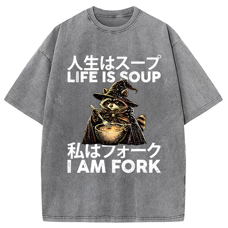 Modecanvas Life is Soup I Am Fork Funny Raccoon Wizard Meme DTG Printing Washed T-Shirt