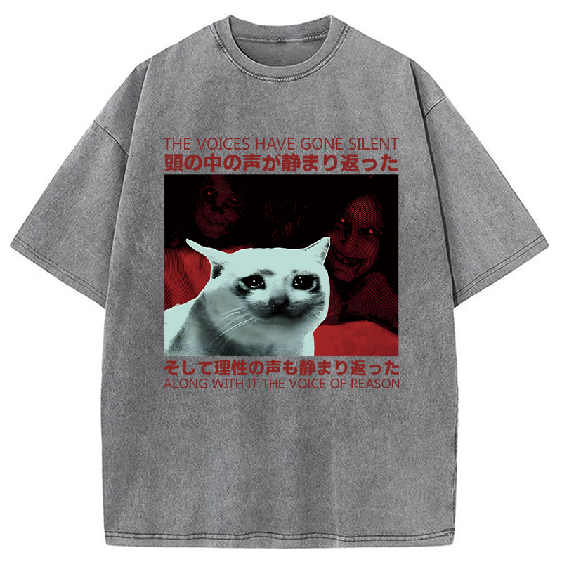 Modecanvas Silent Cat Funny Vintage Japanese DTG Printing Washed T-Shirt