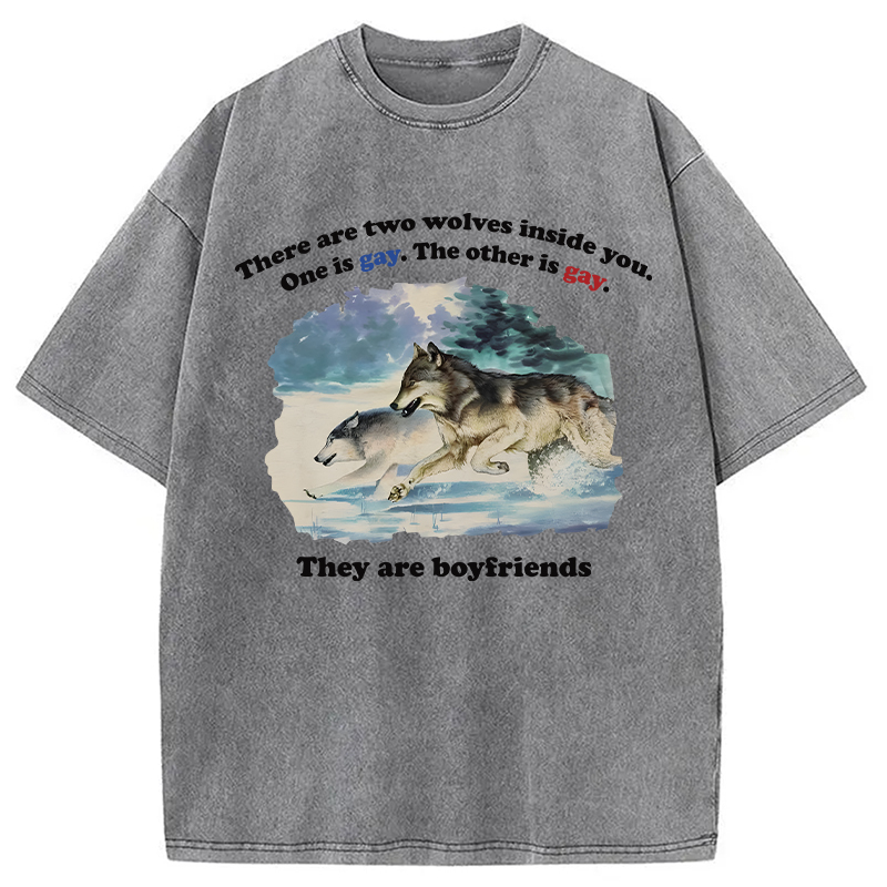 Modecanvas Two Wolves Gay Meme DTG Printing Washed T-Shirt
