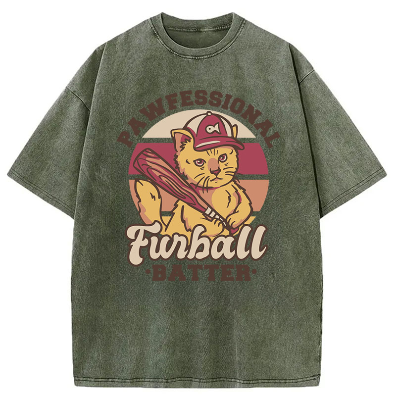 Modecanvas Furball Batter Funny Cat DTG Printing Washed T-Shirt