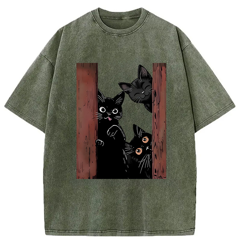Modecanvas Funny Cats Spying On You DTG Printing Washed T-Shirt