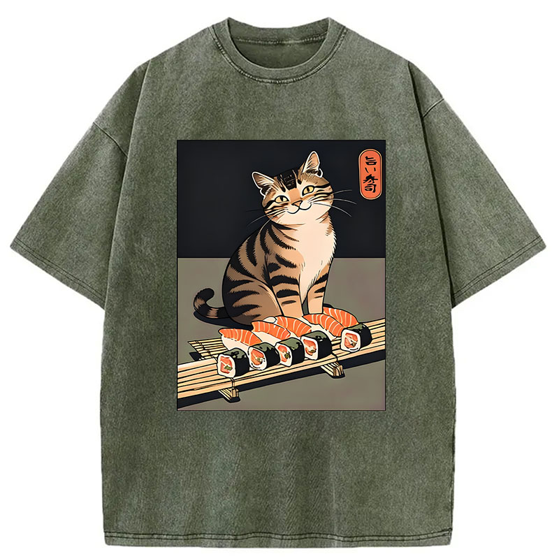 Modecanvas Cute Cat Trying To Steal Sushi DTG Printing Washed T-Shirt