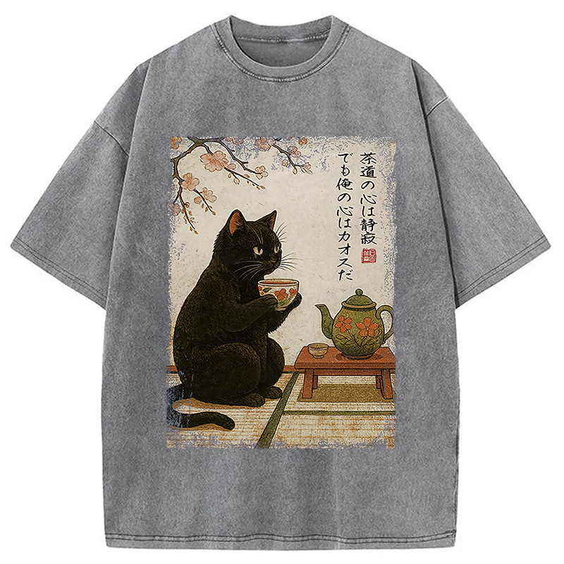 Modecanvas Tea Time With A Black Cat Washed T-Shirt-modecanvas