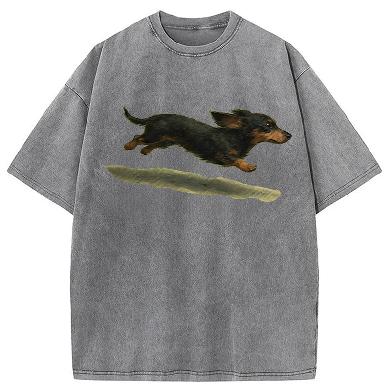 Modecanvas Funny Retro Cute Running Dog DTG Printing Washed T-Shirt