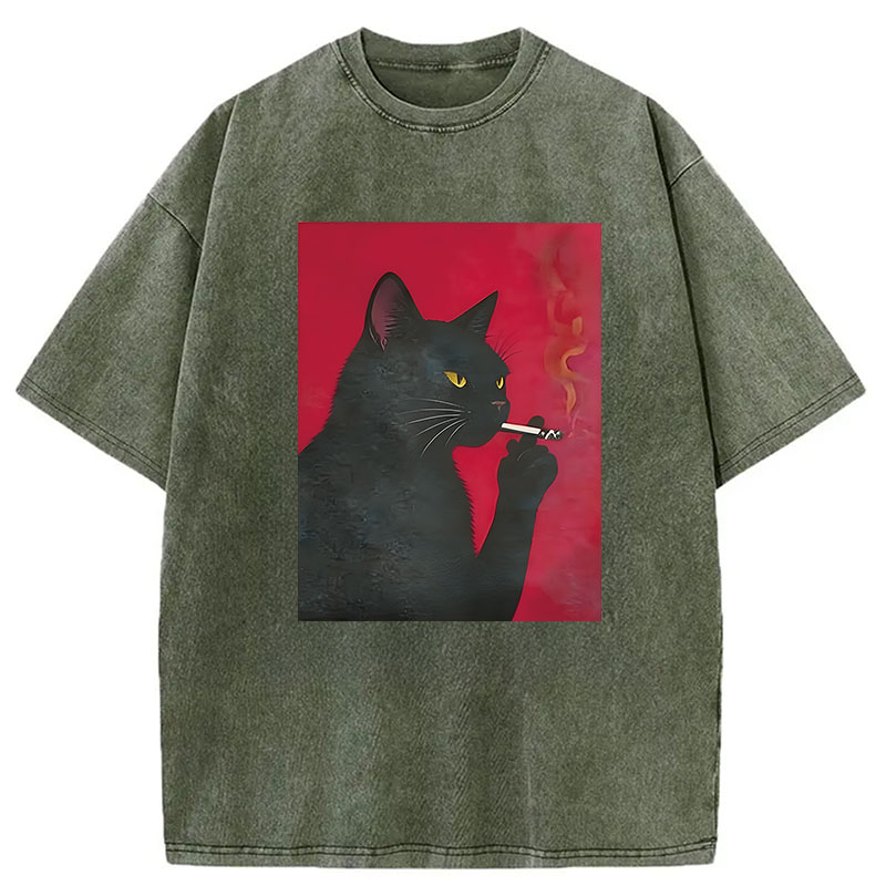 Modecanvas Black Cat Smoking DTG Printing Washed T-Shirt