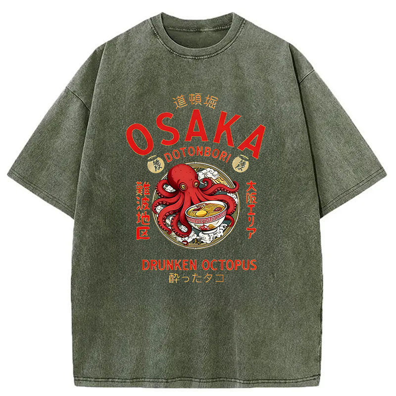 Modecanvas Osaka Drunken Octopus Eating Ramen DTG Printing Washed T-Shirt
