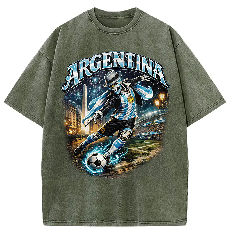 Modecanvas Skull Argentina Football DTG Printing Washed T-Shirt