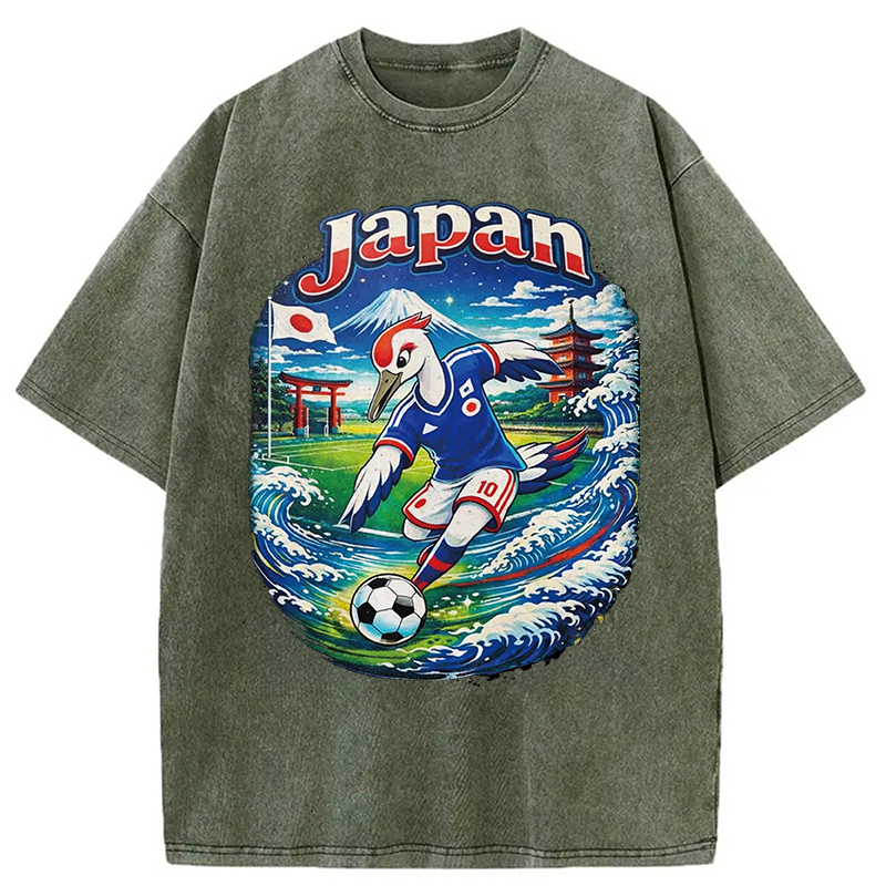 Modecanvas Japan Crane Soccer DTG Printing Washed T-Shirt