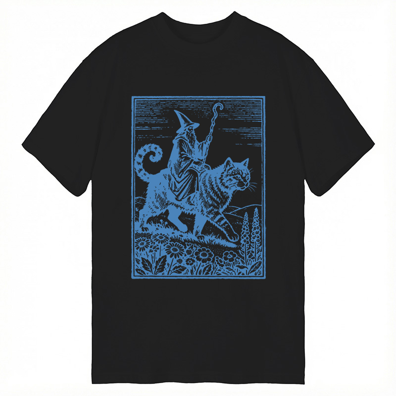 Modecanvas Wizard Cat Rider Vintage DTG Printing Classic T-Shirt-modecanvas