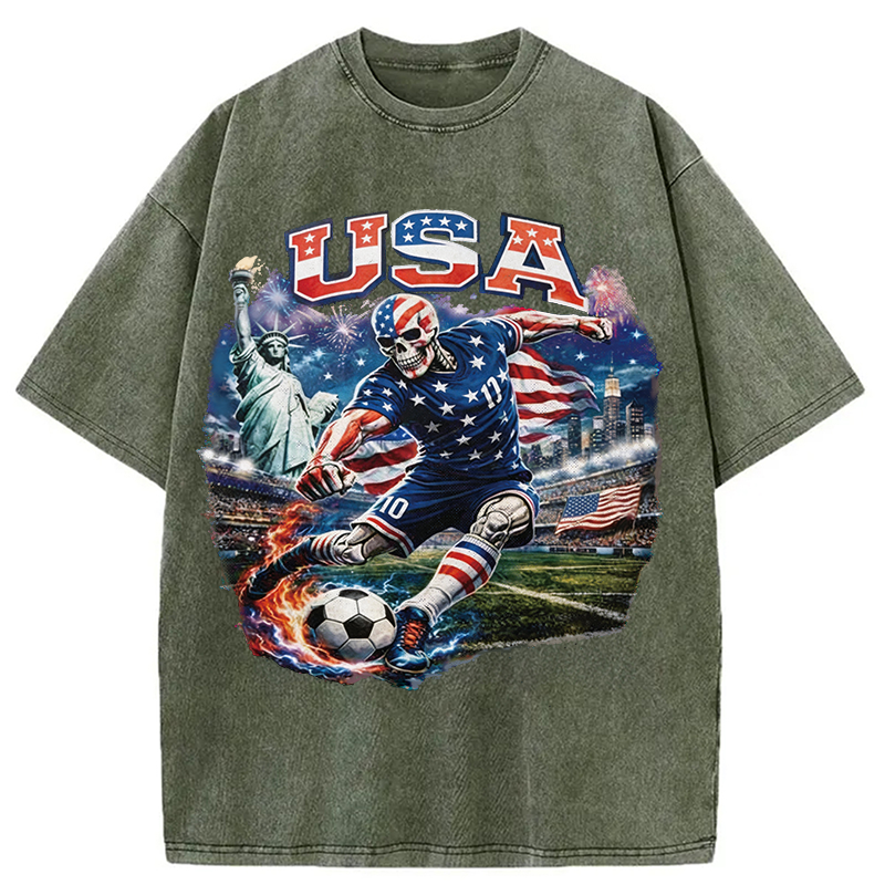 Modecanvas USA Soccer Skull DTG Printing Washed T-Shirt