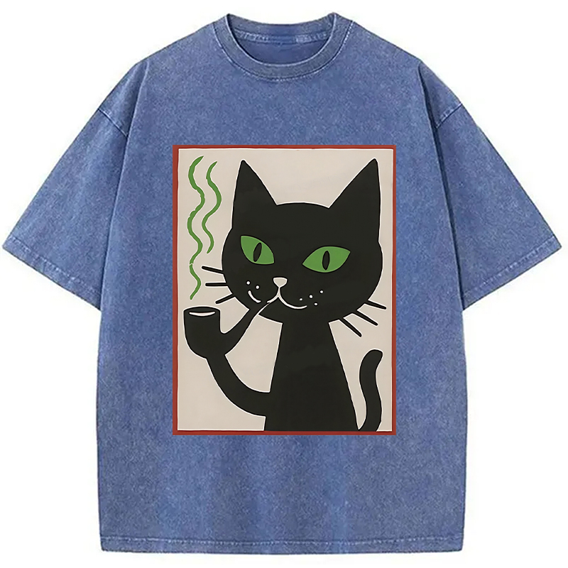 Modecanvas Black Cat Smoking Washed T-Shirt