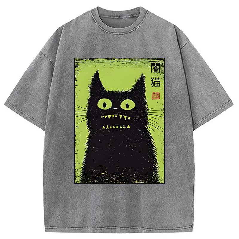 Modecanvas Spooky Black Cat Japanese DTG Printing Washed T-Shirt