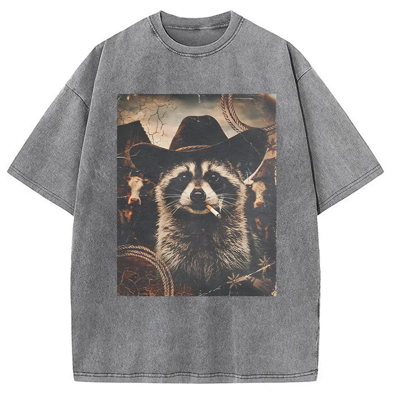 Modecanvas Vintage Weatern Raccoon DTG Printing Washed T-Shirt