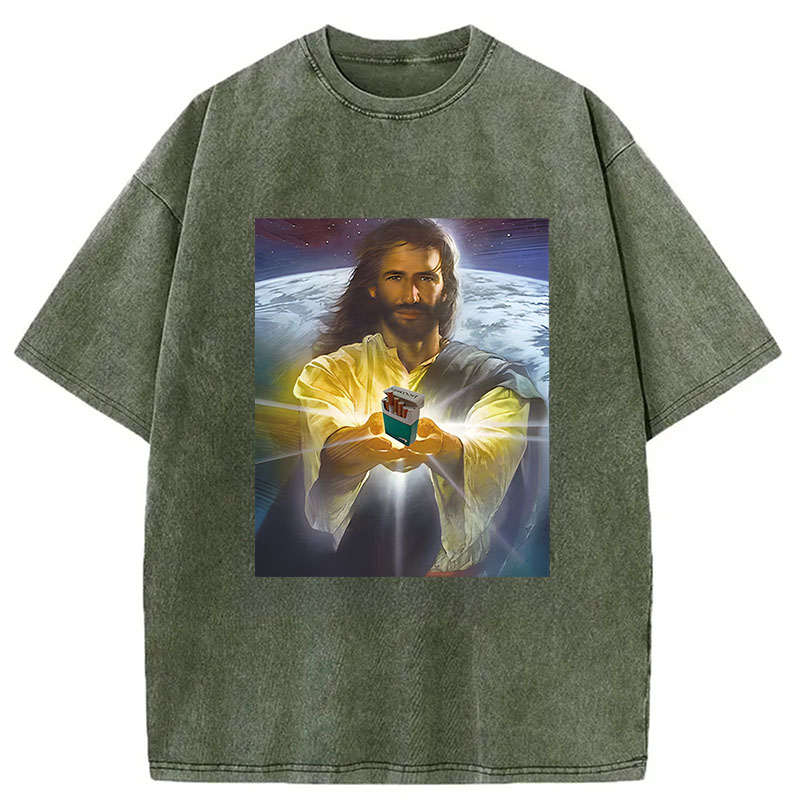 Modecanvas Jesus Holding Cigarettes DTG Printing Washed T-Shirt