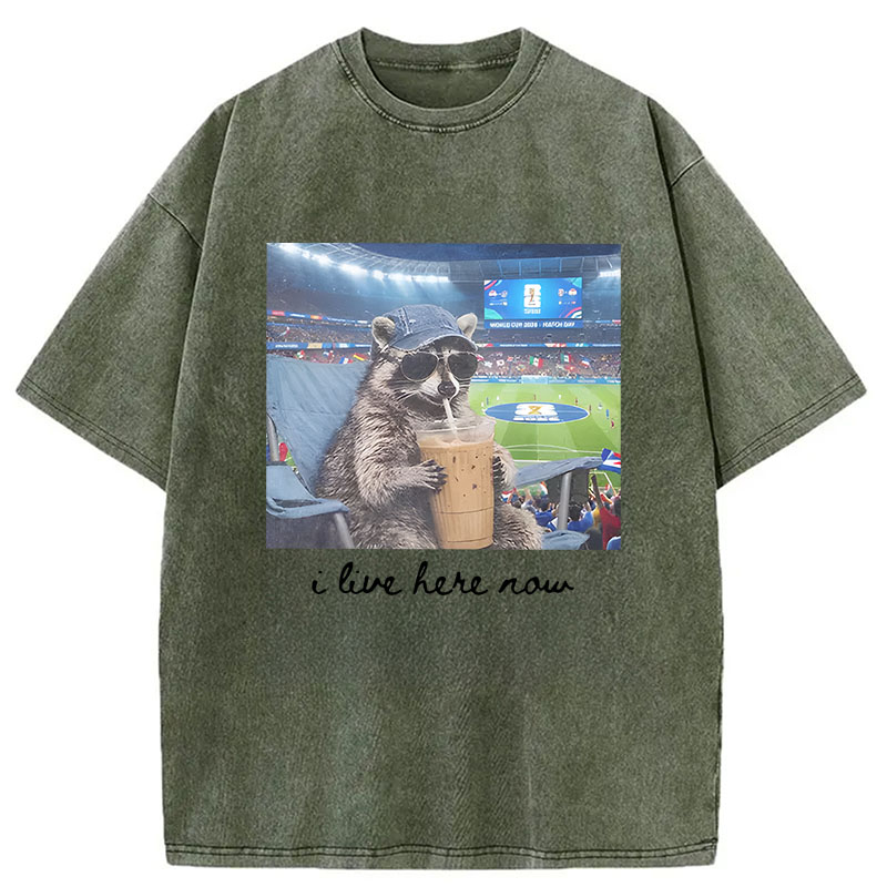 Modecanvas I Live Here Now Raccoon DTG Printing Washed T-Shirt