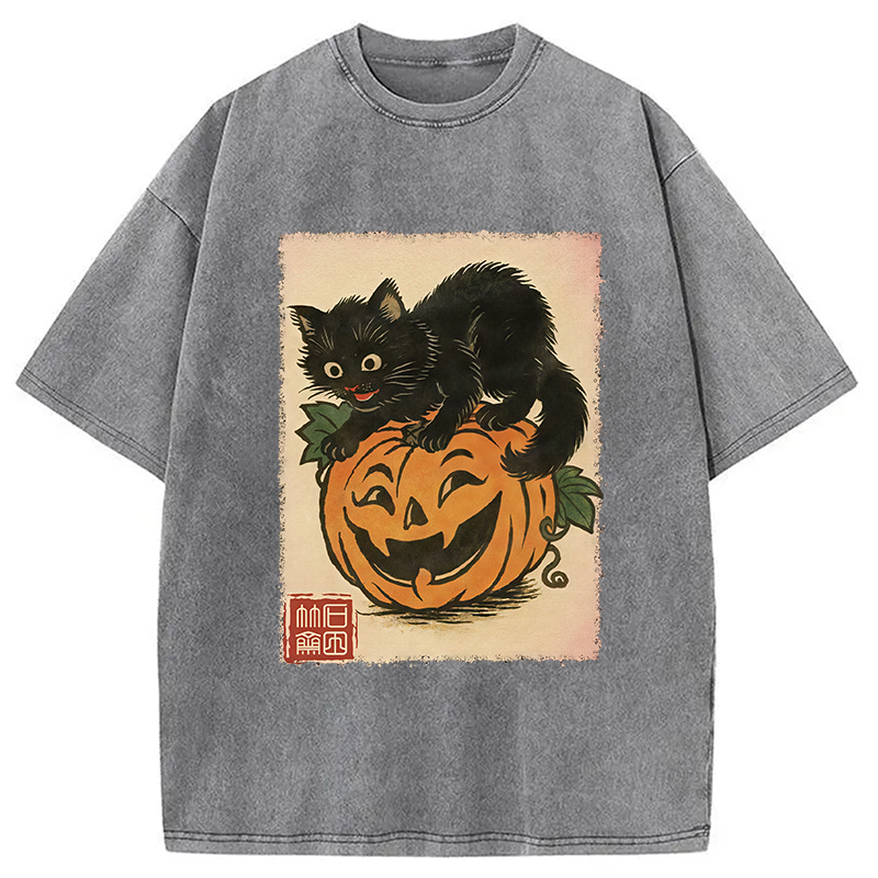 Modecanvas Black Cat And Pumpkin Washed T-Shirt