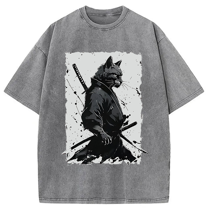 Modecanvas Handsome Samurai Cat Washed T-Shirt