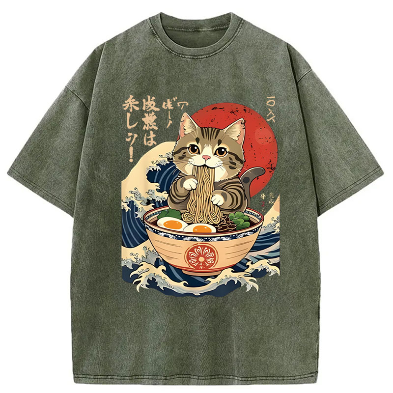 Modecanvas Cat Eating Ramen Noodles DTG Printing Washed T-Shirt