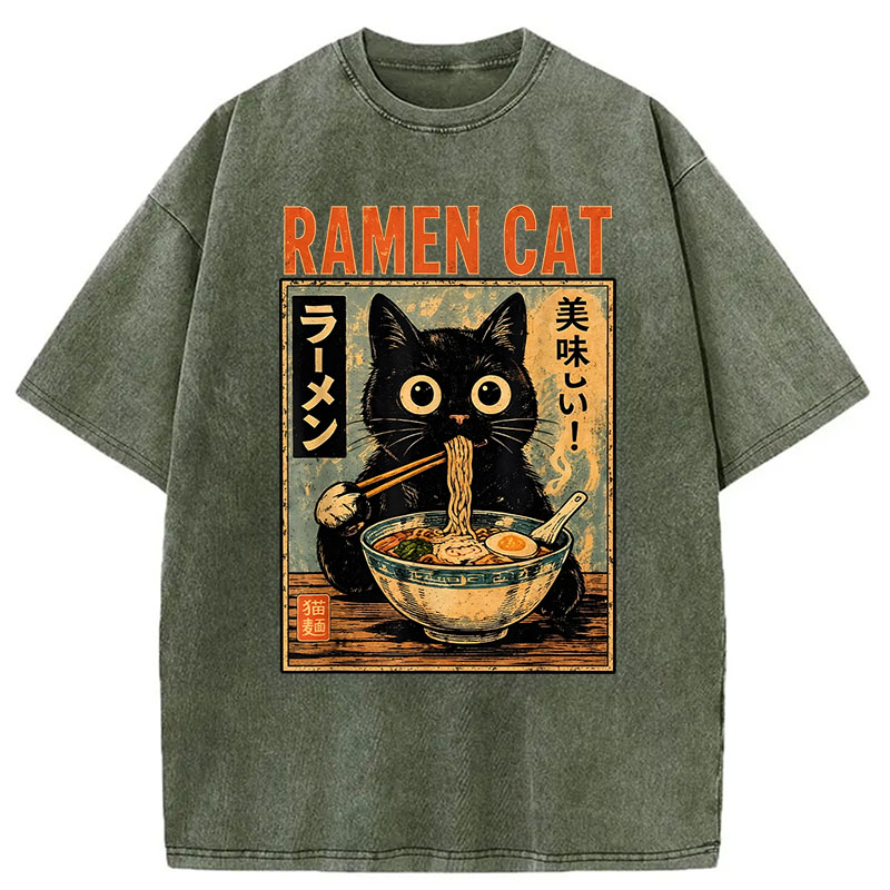 Modecanvas Funny Cat Ramen DTG Printing Washed T-Shirt