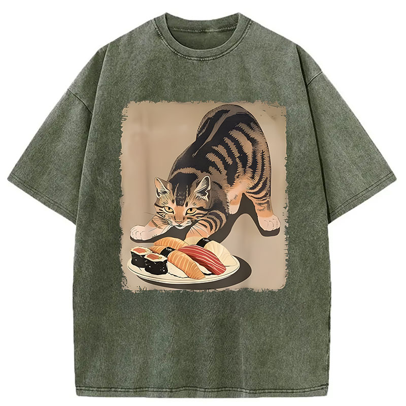 Modecanvas Kawaii Cat Eating Sushi DTG Printing Washed T-Shirt