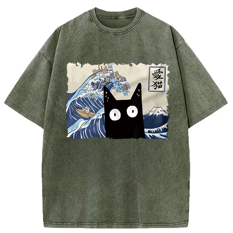 Modecanvas Kawaii Cat Japanese Wave DTG Printing Washed T-Shirt