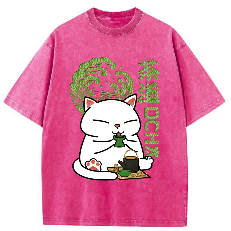 Modecanvas Cat Tasting Tea Washed T-Shirt