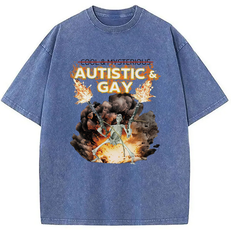 Modecanvas Autistic and Gay Skeleton Explosion DTG Printing Washed T-Shirt-modecanvas