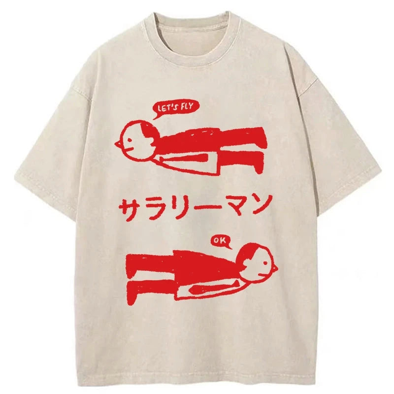 Modecanvas Let's Fly Office Worker Washed T-Shirt-modecanvas