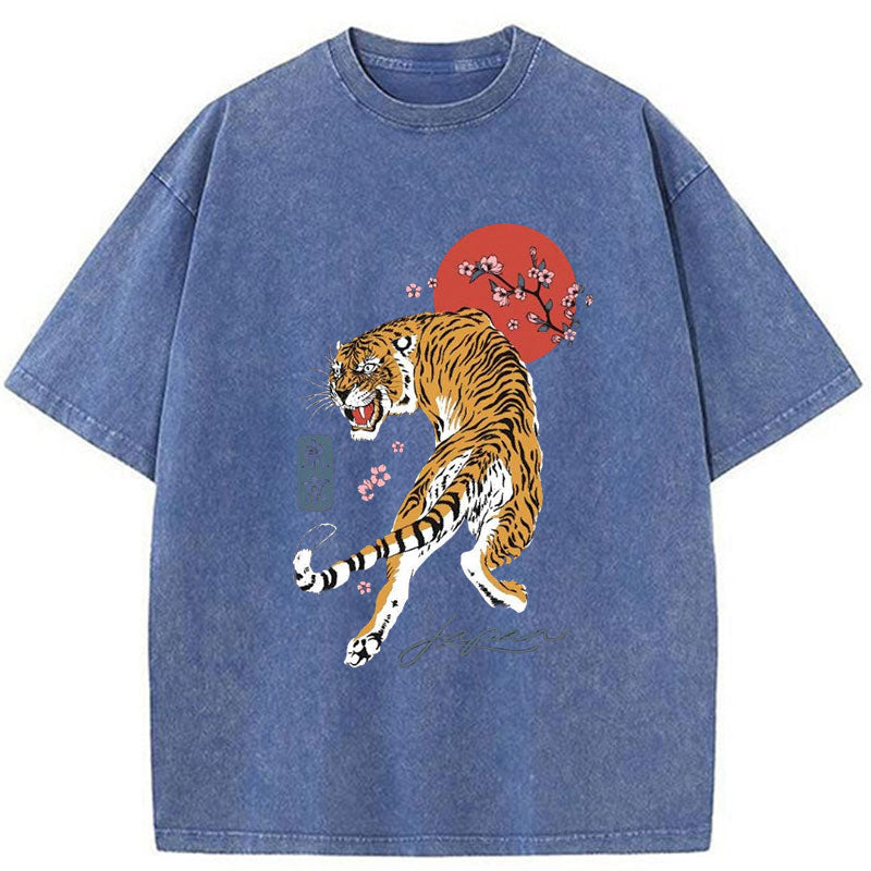 Modecanvas Tiger Blossom Japanese Sakura Washed T-Shirt-modecanvas