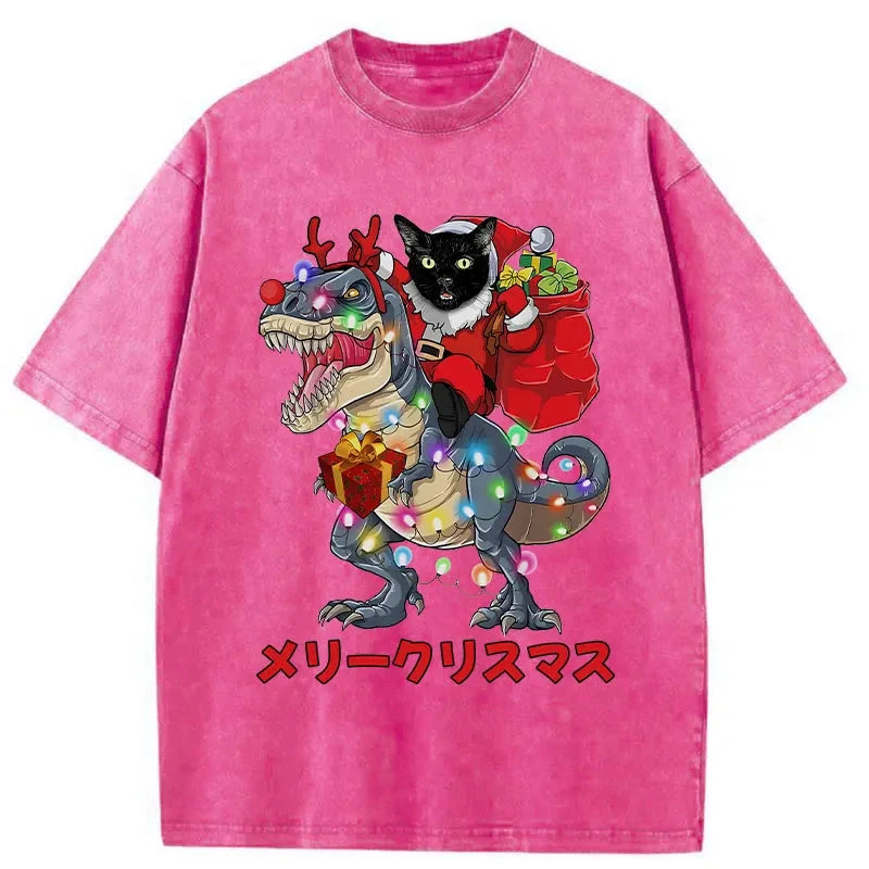 Modecanvas Cat Riding Dinosaur Christmas Washed T-Shirt