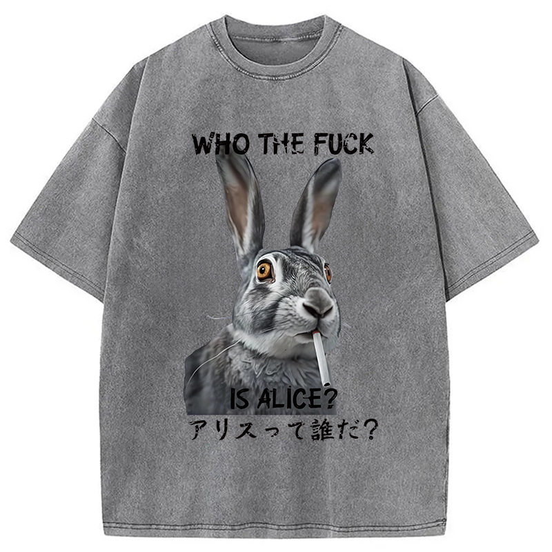 Modecanvas Who The Fvck Is Alice Funny Rabbit Smoking Washed T-Shirt
