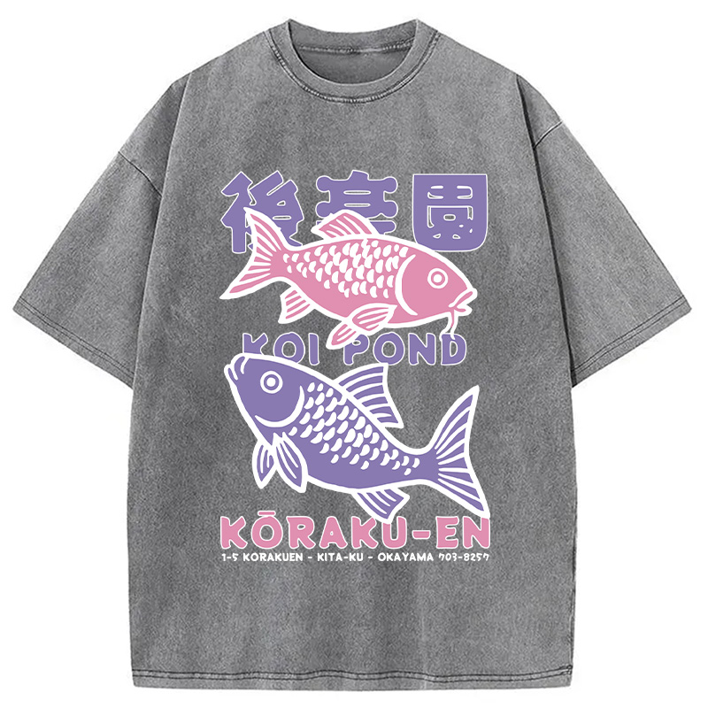 Modecanvas Koi Fish Pond Japanese Washed T-Shirt